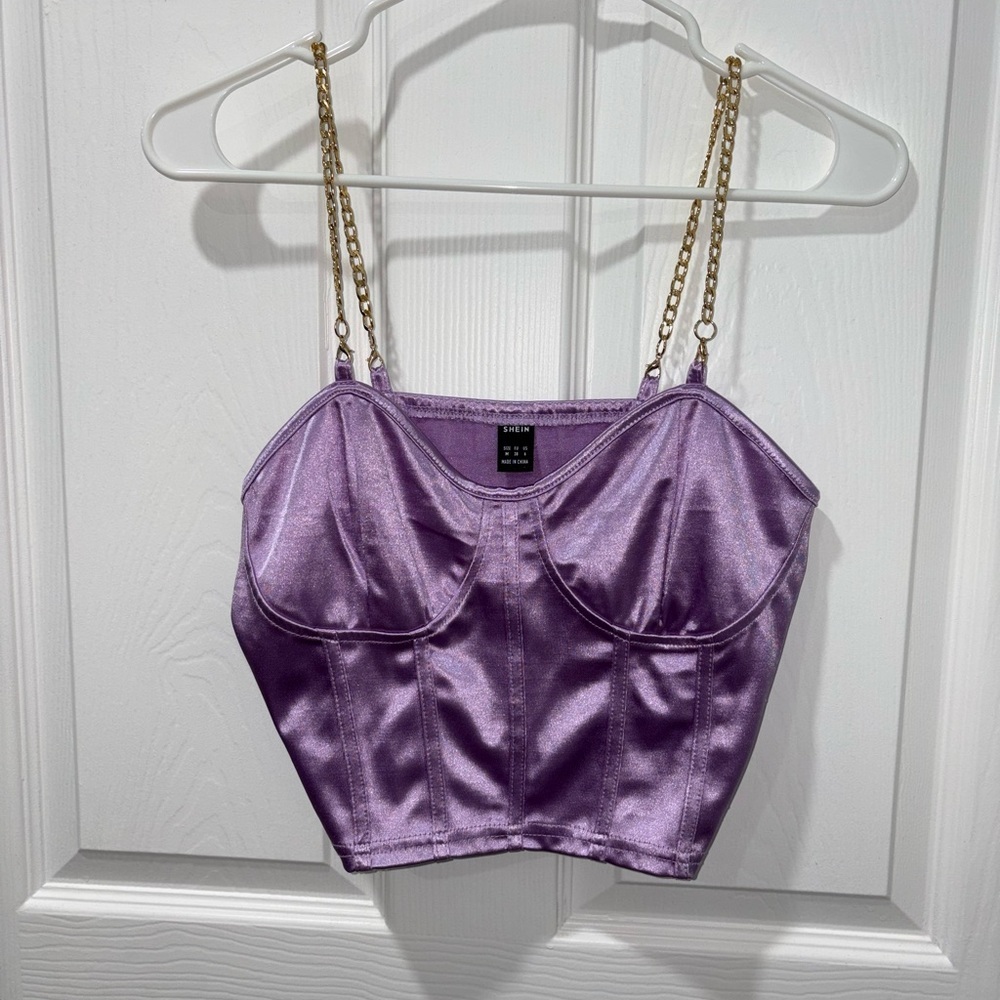 SHEIN Lavender Satin Crop Top with Gold Chain Straps
